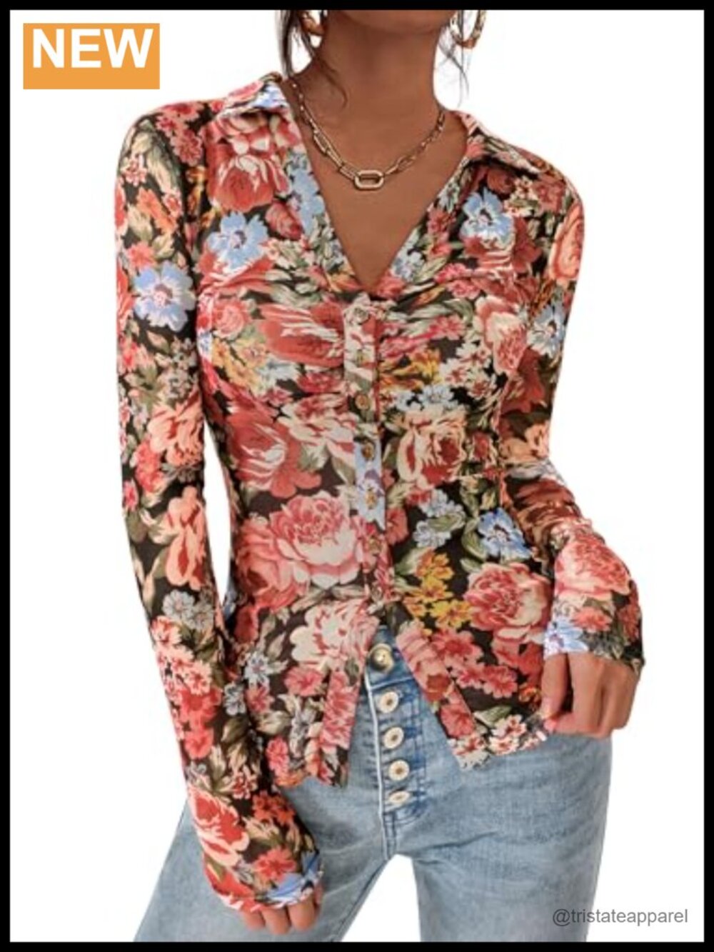 Women Blouse Button Down Floral V-Neck Long Sleeve Trendy Ruching